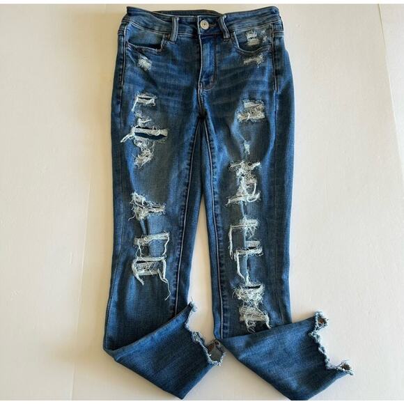 American Eagle Womens Stretch Hi-Rise Jegging Crop Distressed Blue Jeans 4 Reg - Picture 1 of 12